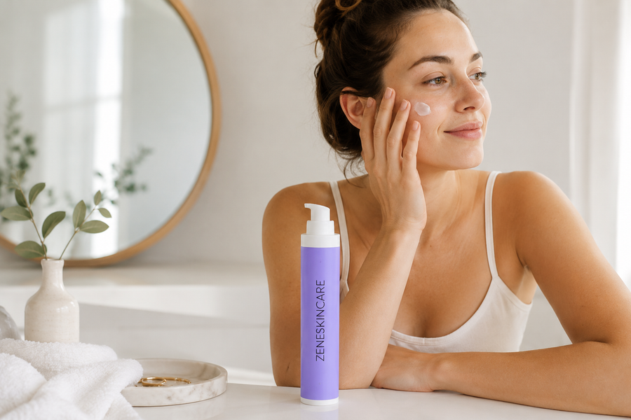 Femme au regard apaisé et serein, incarnant la routine de soin Zeneskincare