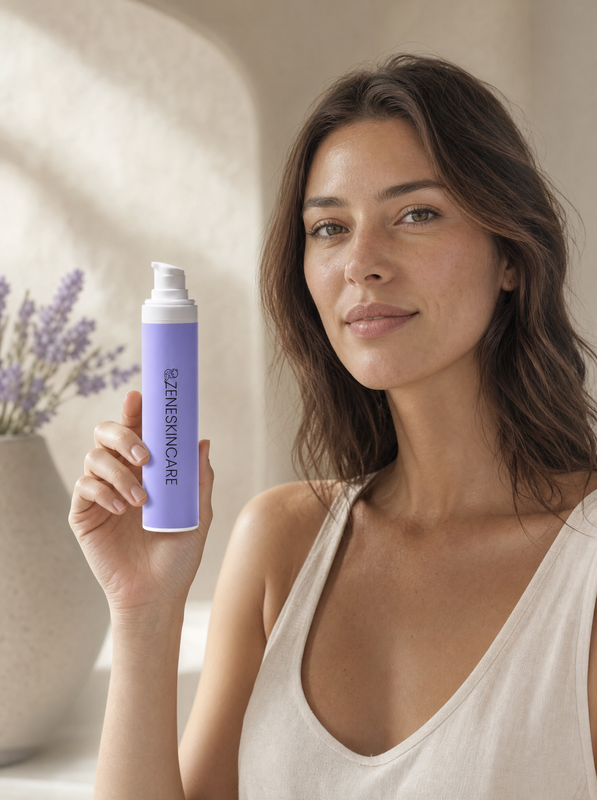 Femme présentant le flacon CALME de Zeneskincare, crème hydratante sans parfum pour peaux sensibles